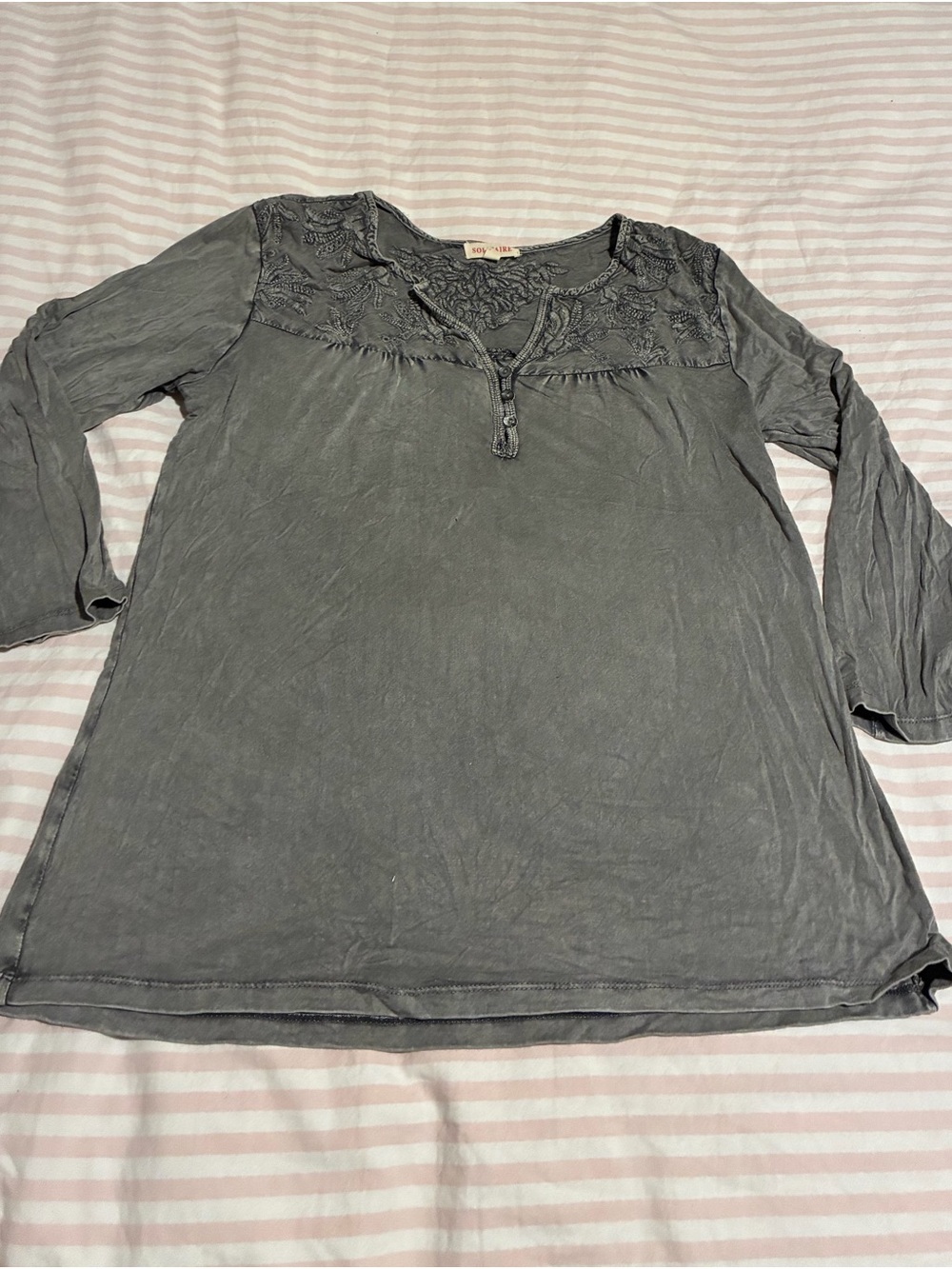 Solitaire Women's Gray Embroidered Yoke Henley Shirt